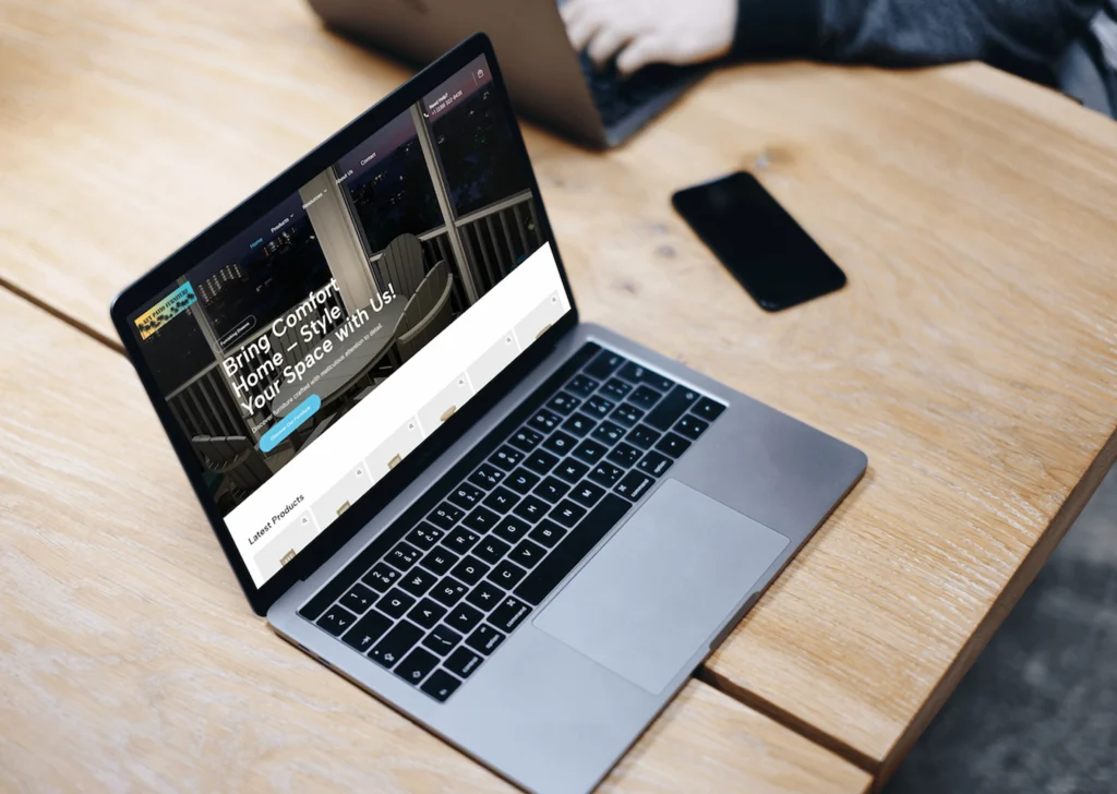 Free Macbook Pro Space Gray mockup on the wooden table (Mockuuups Studio) (1)